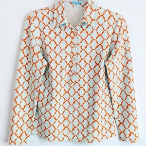 J. McLaughlin Mint Green & Orange Geo Print Stretch Knit  Long Sleeve Size Small